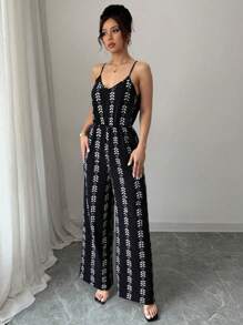 Elenzga 女式全印花宽松休闲阔腿连体裤 - 黑色 - 查看 5