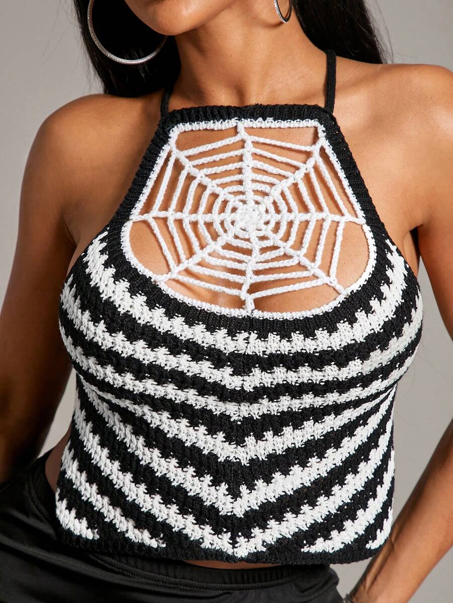 SHEIN SXY Women's Contrast Stripe Spider Web Halter Neck Top, Summer - Multicolor - View 1
