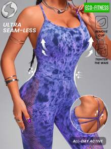 Innovista Mono de fitness sin costuras con estampado tie-dye para mujer, con sujetador integrado y almohadillas extraíbles, mono de yoga y fitness deportivo elástico, estilo boho degradado, espalda abierta, recortes de malla, diseño transpirable y de control del abdomen, ropa deportiva de uso diario