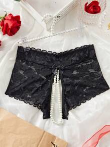 SHEIN 1件大码蕾丝性感开裆珍珠内裤 - 黑色 - 查看 5