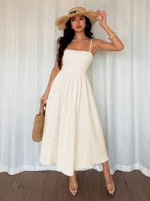 Breezaya Elegancka francuska sukienka midi z falbaną na dole i kwiatowym żakardem, elastyczna, nowa letnia damska w jednolitym kolorze - Morela - Zobacz 3