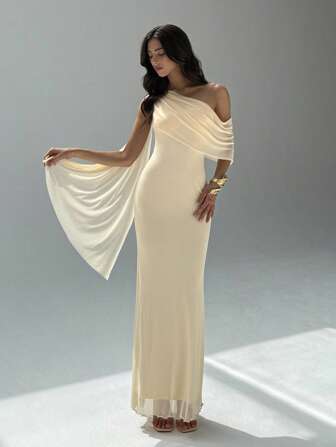 Aloruh Damen Einfarbiges Chiffonkleid mit asymmetrischem Kragen und Einsätzen, eleganter Stil