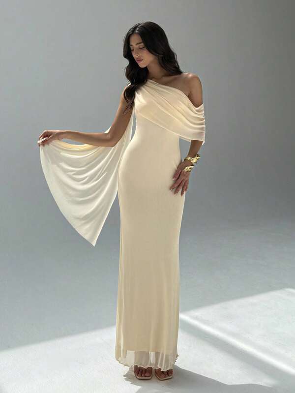 Aloruh Women's Birthday Party Dress Cocktail Dance Concert Music Festival Dinner Greek Goddess Dress Holiday Apricot Dress Mesh Knit Bodycon Dress Solid Color Asymmetrical Collar Splice Chiffon Dress, Elegant Style