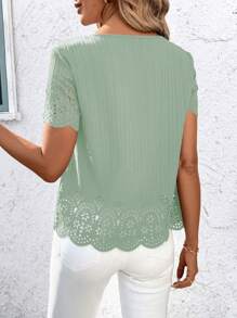 SHEIN Clasi Women's Burnout Round Neck Casual Loose Shirt, Spring/Summer - Mint Green - View 2