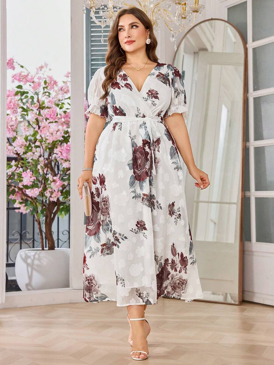 Modelyn Vestido largo de gasa con estampado floral, manga farol, cuello cruzado, lazo en la cintura y volantes, elegante para vacaciones, bodas, fiestas y verano, talla grande - Multicolor - Ver 1
