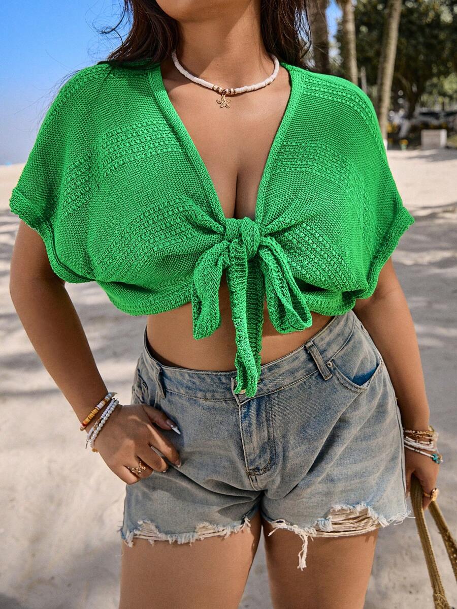 SHEIN EZwear Plus Size Women Solid Color Tie-Waist Batwing Cardigan - Green - View 1