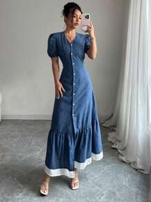 Elenzga Women's V-Neck Single-Breasted Puff Sleeve Ruffled Hem Casual Dress - Multicolor - View 4