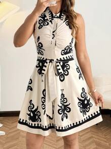 Calvaya Plus Size Women's Elegant Commuting Multi-Color Paisley Print Pleated Bust Tank Dress, Suitable For Office Wear, Summer, Casual, Business - Multicolor - View 5