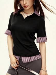 Rina Fox 女式撞色格子拼接二合一 V 领开衩短袖 Polo T 恤，通勤休闲