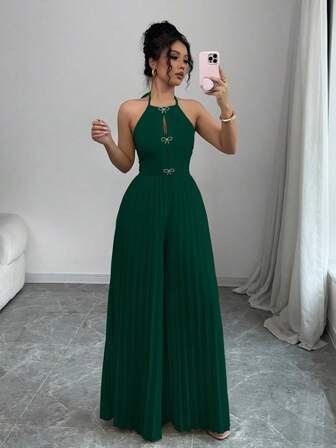 SHEIN Privé 女士优雅杏色露背系带镂空水钻蝴蝶结褶皱阔腿连体裤