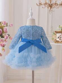 Glamorique Kids Váy voan tay bồng thêu lưới cho bé gái, màu sâm panh, trang phục bé gái rải hoa dự tiệc sinh nhật một tuổi, trang phục rửa tội cho bé gái - Màu xanh lam - Xem 2