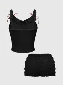 ROMWE Kawaii Bộ đồ hai mảnh phối ren họa tiết anh đào và chữ cái dành cho nữ, trang phục mặc hàng ngày - màu đen - Xem 2