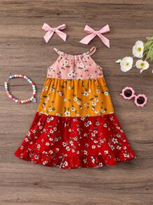 SHEIN Gaun Bayi Perempuan Longgar Kasual Sederhana Nyaman Manis Imut Motif Bunga Patchwork - Berwarna merah muda - View 2