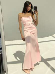 Aloruh 女士纯色垂坠优雅连衣裙 - 粉色 - 查看 7