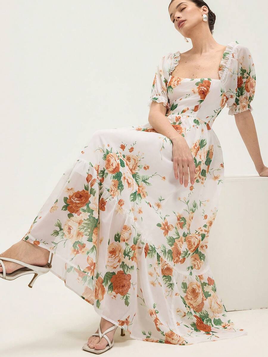 Aveloria Rosie 优雅复古雪纺花卉印花清凉夏季方领泡泡袖松紧腰 A 字裙女装 - 彩色 - 查看 1