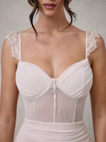 L'Amorae Elegant Romantic Bridal Wedding Party Lace Strap Ruched Mini Dress - Apricot - View 6