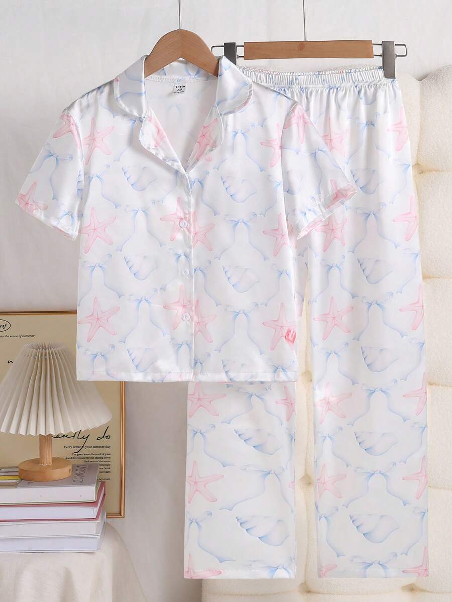 Set de 2 piezas de pijama informal de verano para niñas preadolescentes, con cárdigan de manga corta con estampado dulce y pantalones cómodos - Multicolor - Ver 1