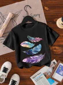 Girl's Casual Minimalist Pattern Round Neck Short Sleeve T-Shirt, Suitable For Summer - Black - View 3