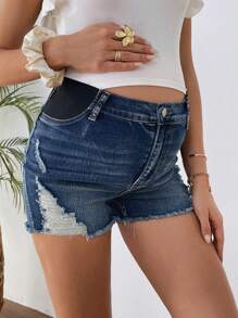 SHEIN Maternity Blue Denim Elastic Skinny Ripped Shorts - Dark Wash - View 5