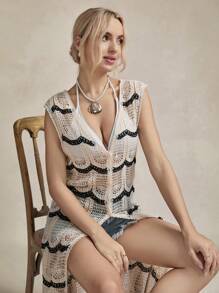 SHEIN LUNE Beach Outfits For Woman Women Front Open Sleeveless Cardigan, Fashionable For Summer - Beige - View 1