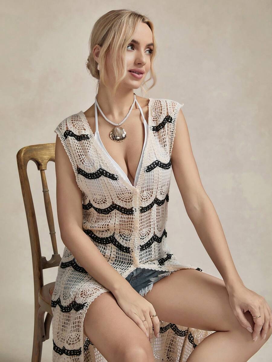 SHEIN LUNE Beach Outfits For Woman Women Front Open Sleeveless Cardigan, Fashionable For Summer - Beige - View 1