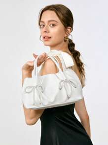 SHECARRY Ladies Fashion Elegant Beaded Bow Decor Handbag - White - View 1