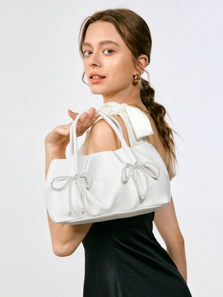 SHECARRY Ladies Fashion Elegant Beaded Bow Decor Handbag - White - View 1