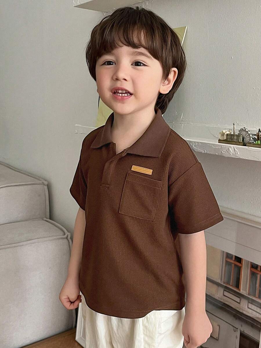 DAZY 男童印花口袋Polo领短袖休闲T恤 - 棕色 - 查看 1