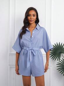 SHEIN Unity 1 bộ đồ liền thân tay cánh dơi sọc thời trang dành cho nữ, phù hợp cho mùa hè - Nhiều màu - Xem 4