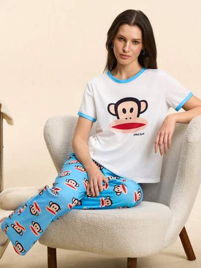 Paul Frank X SHEIN Women Monkey Graphic Short Sleeve T-Shirt And Pants Sleepwear Set, Summer Casual