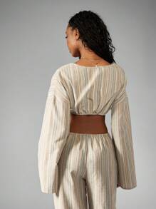 MISSGUIDED Blusa corta stile boho con lacci in vita, maniche a campana larghe, stile contadino, adatta per spiaggia, festival, vacanza, a righe in cotone casual da usare tutti i giorni