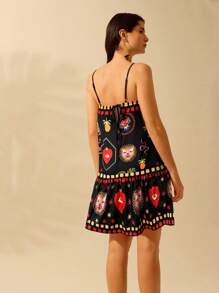 CAJUNI 女式波西米亚风热带豹纹、龟背竹纹、恶魔之眼印花、系带短款休闲度假海滩夏装 - 彩色 - 查看 2