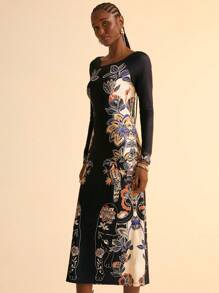 CAJUNI 波西米亚风热带植物花卉印花针织长袖女式紧身长裙，度假风格 - 彩色 - 查看 4