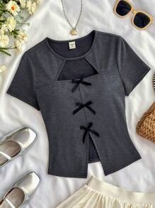 SHEIN Teen Girls Deep Grey Vacation Knit Casual Slim Fit Short Sleeve Top With Bow Decor On Front, Front And Hem Slits, Suitable For Party, Afternoon Tea, Autumn/Winter Layering - Grey - View 1