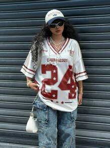 Coolane Women's Spring And Summer For Festival And Going Out Vintage Y2K Number Pattern Graphics Baseball White And Red Jersey T-Shirt