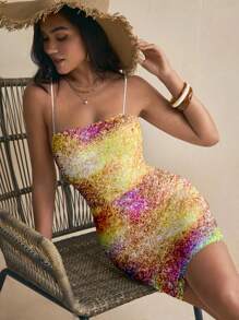 Glamance myriadwaveart Vestido mini casual, elegante y de playa para verano de mujer con patrón de degradado amarillo, apropiado para vacaciones