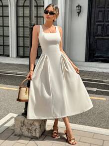 Gloray Damen Maxi-Kleid im französischen Stil mit quadratischem Ausschnitt, ärmellos, elegant plissiert, einfarbig