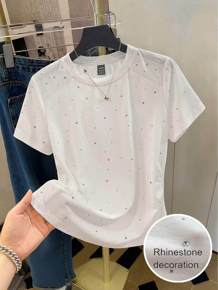 SHEIN LUNE 女式休闲圆领水钻褶饰侧边短袖T恤上衣，夏季 - 白色 - 查看 1
