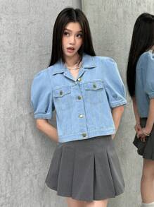 SHEIN EZwear 女士休闲修身短袖牛仔蓝色上衣 - 淺色水洗藍 - 查看 4