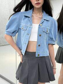 SHEIN EZwear 女士休闲修身短袖牛仔蓝色上衣 - 淺色水洗藍 - 查看 5