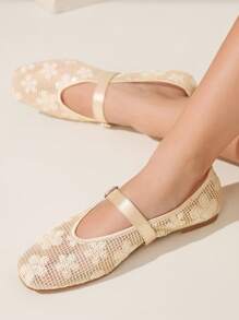 CUCCOO CHICEST Women's Summer New Mesh Sequin Square Toe Flat Elegant Casual Champagne Mesh Flat Mary Jane Shoes For Afternoon Tea, Date, Elegant Outfit, School Style, Party