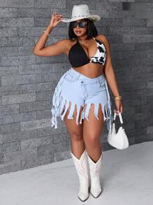 SHEIN SXY Pantaloni scurți la modă cu ciucuri de mărime Plus pentru vară