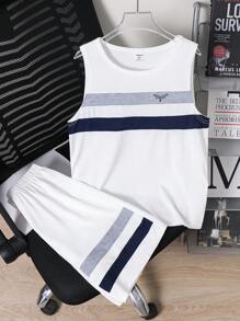 SHEIN 2 Packs Tween Boy Casual Sports College Artistic Style Retro With Small Patterns And Multi-Color Stitching White Round Neck Vest And White Shorts Set Suitable For Kids Outfits Toddler Boy Clothes Back To School Boys Set Suitable For Birthday Parties, Evening Parties, Performances, Weddings, Baptisms, Opening Ceremonies Daily Suitable For Daily Use Suitable For School Suitable For Travel Suitable For Sports Suitable For Spring And Summer Seasons - White - View 2