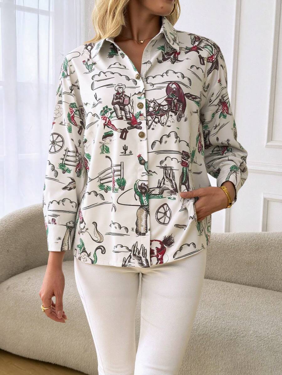 Women Figure Print Long Sleeve Button Up Casual Shirt - White - View 1