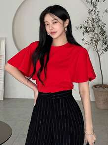 DAZY 女士圆领蝙蝠袖荷叶边宽松休闲红色短袖T恤，夏季 - 紅色 - 查看 5