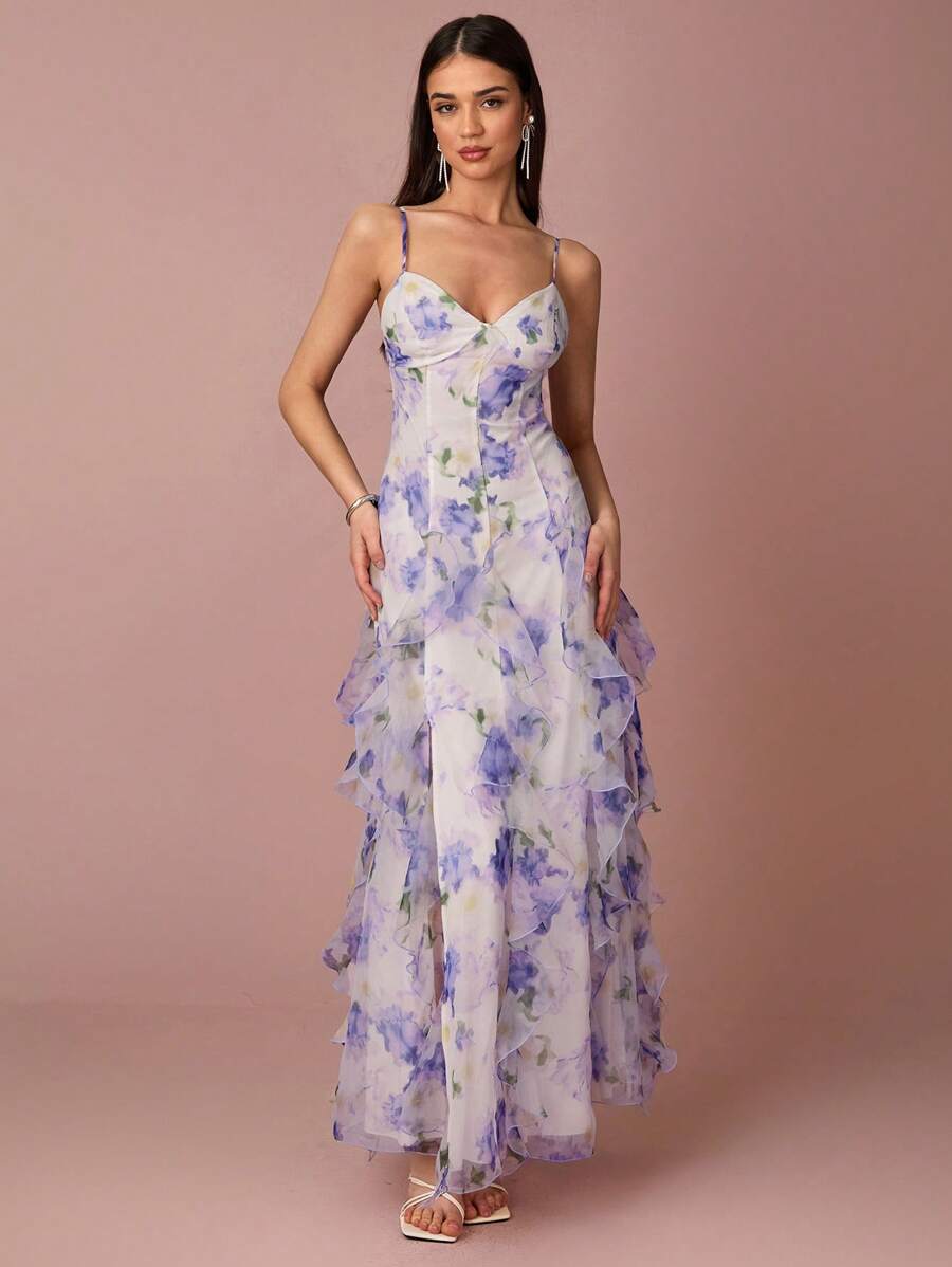 Enchnt Vestido deslizante elegante de gasa con estampado floral, patchwork y dobladillo con volantes para mujer