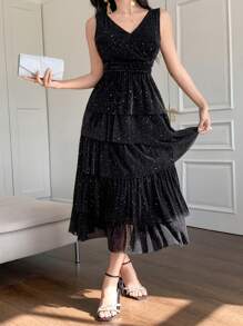 DAZY Vestido elegante de midi con cuello en V sin mangas y brillo para mujeres, para el verano
