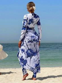 Swim Shayni Ladies' Conservative Beach Holiday Swimsuit With Blue & White Tie-Dye Print, Long Sleeves, Long Legs, With Mesh Skirt - Multicolor - View 2