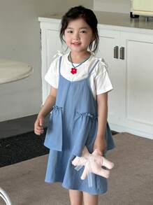 DAZY Set casual de 2 piezas para niñas: camiseta de punto de manga corta de cuello redondo + vestido, conjunto de verano - Agua verde azul - Ver 5