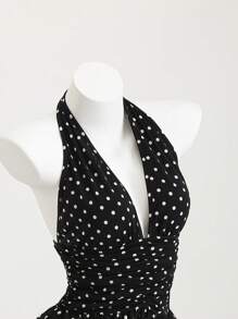 Elamini 黑白波尔卡圆点深 V 领露背修身迷你连衣裙，带荷叶边下摆，波西米亚风度假优雅浪漫性感休闲日常百搭女士夏季 - 黑色 - 查看 4